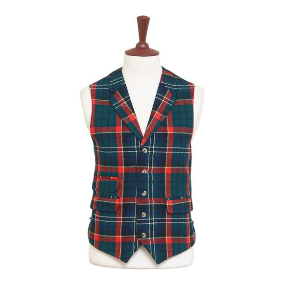 Mens Tartan Plaid Vest 44R Green Blue Red Lambswool Waistcoat XL Formal Wedding - Picture 1 of 9
